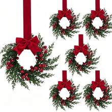 2pcs/1pc Christmas Wreath With Ribbon, 26cm/10.24in, Suitable For Kitchen Cabinets, Windows, Walls, Front Door Decoration, Small Christmas Wreath - Compact Indoor Use Christmas Wreath, Fireplace, Windows, Farmhouse Indoor Home Decor - Multicolor - View 1