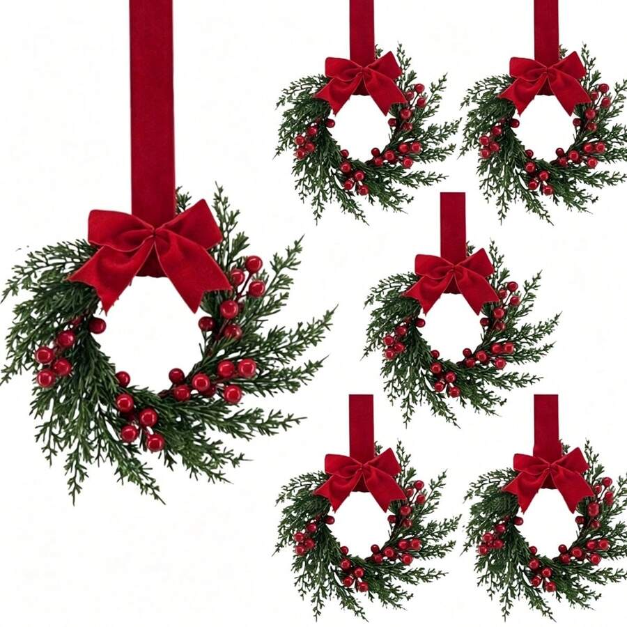 2pcs/1pc Christmas Wreath With Ribbon, 26cm/10.24in, Suitable For Kitchen Cabinets, Windows, Walls, Front Door Decoration, Small Christmas Wreath - Compact Indoor Use Christmas Wreath, Fireplace, Windows, Farmhouse Indoor Home Decor - Multicolor - View 1