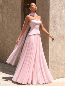 UNITHORSE Women's Formal Pink Chiffon Strapless Tie-Up Asymmetrical Pleated Maxi Evening Dress - Baby Pink - View 1