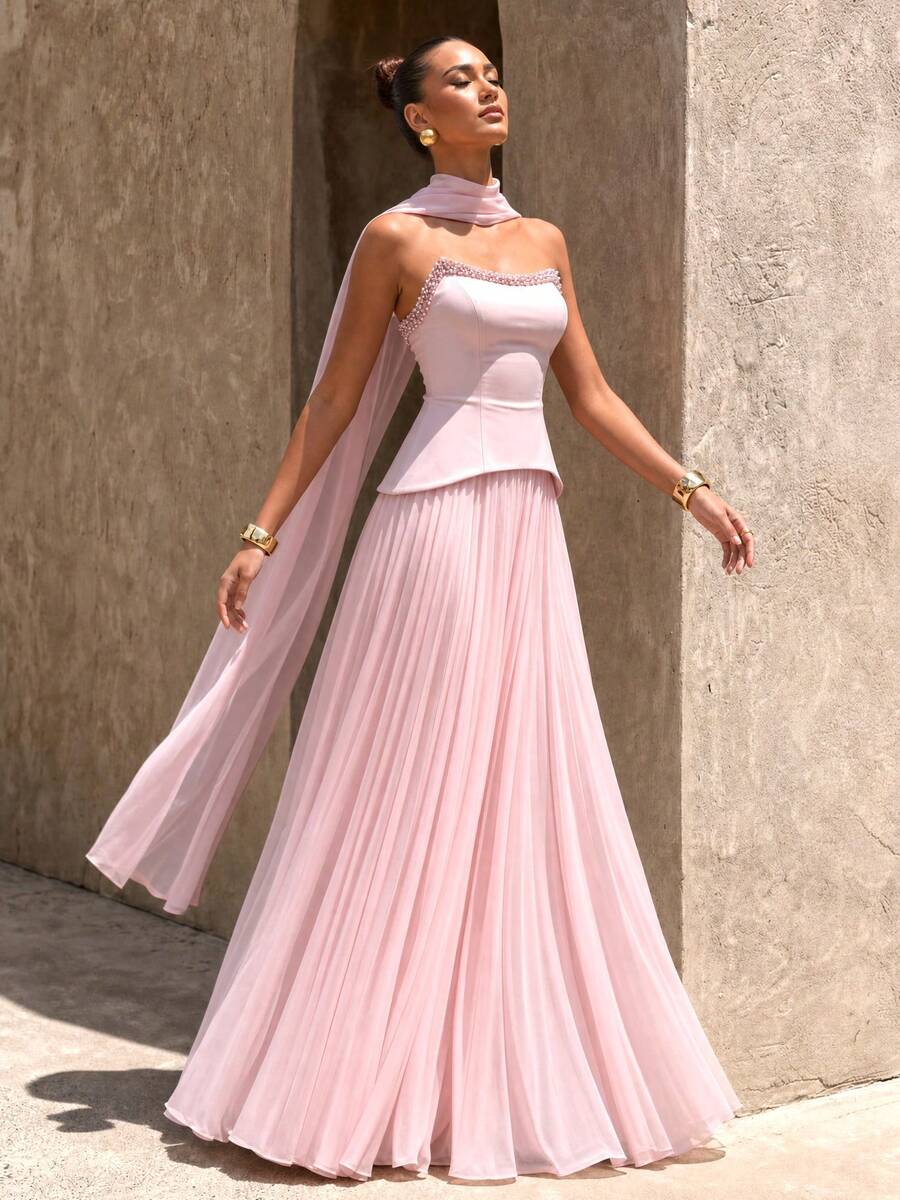 UNITHORSE Women's Formal Pink Chiffon Strapless Tie-Up Asymmetrical Pleated Maxi Evening Dress - Baby Pink - View 1