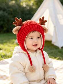 1pc Red Knitted Earflap Hat, Cute Deer Horn Decoration, Soft Lining Warm Knitted Hat With Drawstring, Winter Outdoor Protective Headwear, Suitable For Daily Wear - Multicolor - View 2
