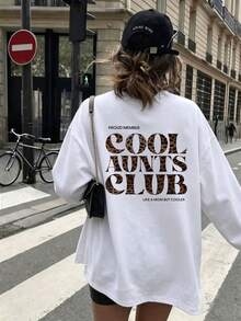 大尺碼女款豹紋「Cool Aunts Club」字母印花長袖T恤，中等彈性圓領寬鬆版型幽默休閒秋季上衣 - 白色 - 查看 4