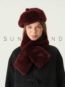 1 Set Women's Solid Color Sweet Elegant Versatile Faux Fur Beret Hat And Scarf Set, Warm For Autumn/Winter, Suitable For Daily Wear - Burgundy - View 5