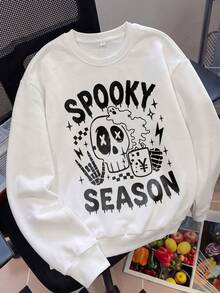Halloween Skeleton Rock Gesture Print Crew Neck Sweatshirt, White Loose Fit, Autumn Daily Back To School Street Style Versatile Top - White - View 4