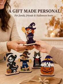 Personalized Name Halloween Standing Decor, Custom Desktop Ornament With Ghost, Witch, Pumpkin, Cat, Scarecrow And Grim Reaper Characters, Bookshelf Fireplace Mantel Decoration, Halloween Party Tabletop Display, Suitable For Home, Friends And Halloween Enthusiasts Home Decor - Multicolor - View 6