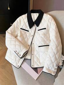 Jaket Musim Dingin Wanita Warna Putih dengan Lapisan Quilted, Kerah dan Saku Warna Kontras, Jaket Lengan Panjang Potongan Reguler, Pakaian Musim Dingin yang Modis - Putih - View 1