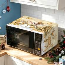 1pc 2D Flat Christmas Microwave Cover, White & Gold Snowman, Reindeer, Christmas Tree Pattern, Polyester Material Home Kitchen Microwave Dust Cover, Perfect For Holiday Kitchen Decor And Appliance Protection, Winter Home - Multicolor - View 3