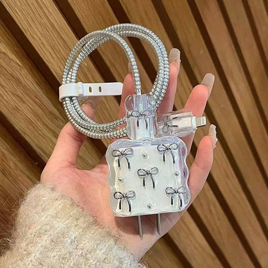 Cute Steel Ball Beaded Bow With Transparent Wave Edge Protection Set, Silver Cable Protector For 18/20W Charger Covers - 20W Silver Small Butterfly - View 1