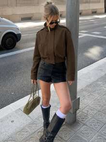 Women's Brown Short Motorcycle Jacket With Collar And Zipper, Long Sleeve Woven Fabric, Suitable For Autumn Streetwear - Coffee Brown - View 5