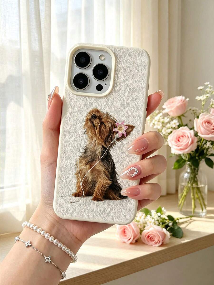 Casing Ponsel Anjing Yorkshire Terrier Lucu dengan Earphone Bunga, Hewan Realistis, Warna Beige, Pelindung Anti Guncangan - MultiWarna - View 1