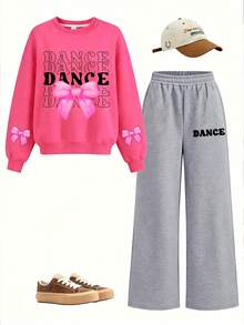 2pcs/Set Crew Neck Sweatshirt And Wide Leg Pants Outfit For Girls, Pink Bow Pattern Crew Neck Sweatshirt + Wide Leg Pants Matching Set, Suitable For Autumn/Winter Daily Wear - Multicolor - View 2