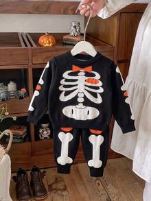 2pcs/Set Cute Halloween Skeleton Pattern Crew Neck Long Sleeve Knit Pullover Sweater And Knit Long Pants For Baby Boys, Suitable For Halloween, Casual Wear, Spring, Autumn, Winter - Black - View 2