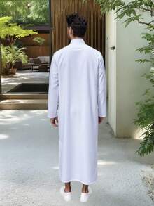 1pc Middle Eastern Men's Arabic Robe, Saudi Men's Robe, Muslim Men's Robe Coat, Solid Color Stand Collar Breathable Material, Suitable For Wedding And Holiday Casual Sleepwear, Moroccan Men's Style Robe Coat, Saudi Men's Pajamas - White - View 4
