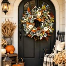 1pc Artificial Autumn Front Door Wreath, Rustic Farmhouse Style Autumn Harvest Wreath With White Pumpkin, Maple Leaves, Lamb's Ear And White Berries, Suitable For Front Door, Wall, Window, Porch Seasonal Autumn Decor And Thanksgiving Home Decoration - A - View 2