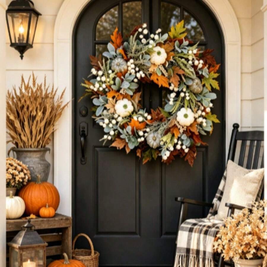 1pc Artificial Autumn Front Door Wreath, Rustic Farmhouse Style Autumn Harvest Wreath With White Pumpkin, Maple Leaves, Lamb's Ear And White Berries, Suitable For Front Door, Wall, Window, Porch Seasonal Autumn Decor And Thanksgiving Home Decoration