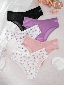 5pcs Butterfly Print Mesh Women's Triangle Panties, Lightweight Breathable Low Waist Multi-Color Assorted Underwear - Multicolor - View 1