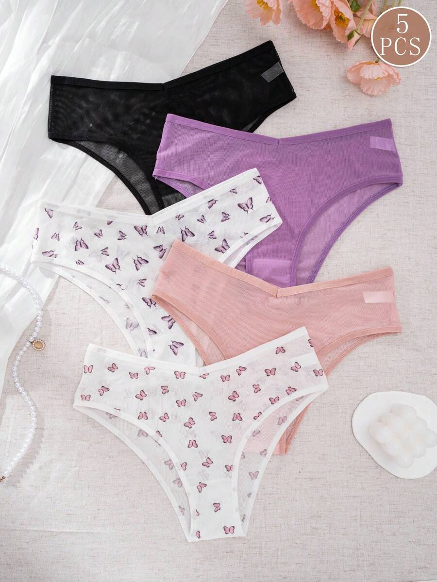 5pcs Butterfly Print Mesh Women's Triangle Panties, Lightweight Breathable Low Waist Multi-Color Assorted Underwear - Multicolor - View 1