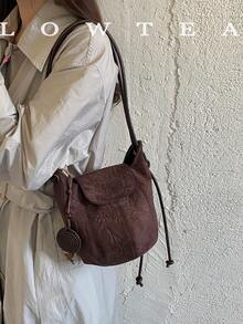 low tea 1pc Small Bucket Suede Fabric Shoulder Bag Suitable For Commuting, Shopping, Etc. (With Pendant) - Coffee - View 6