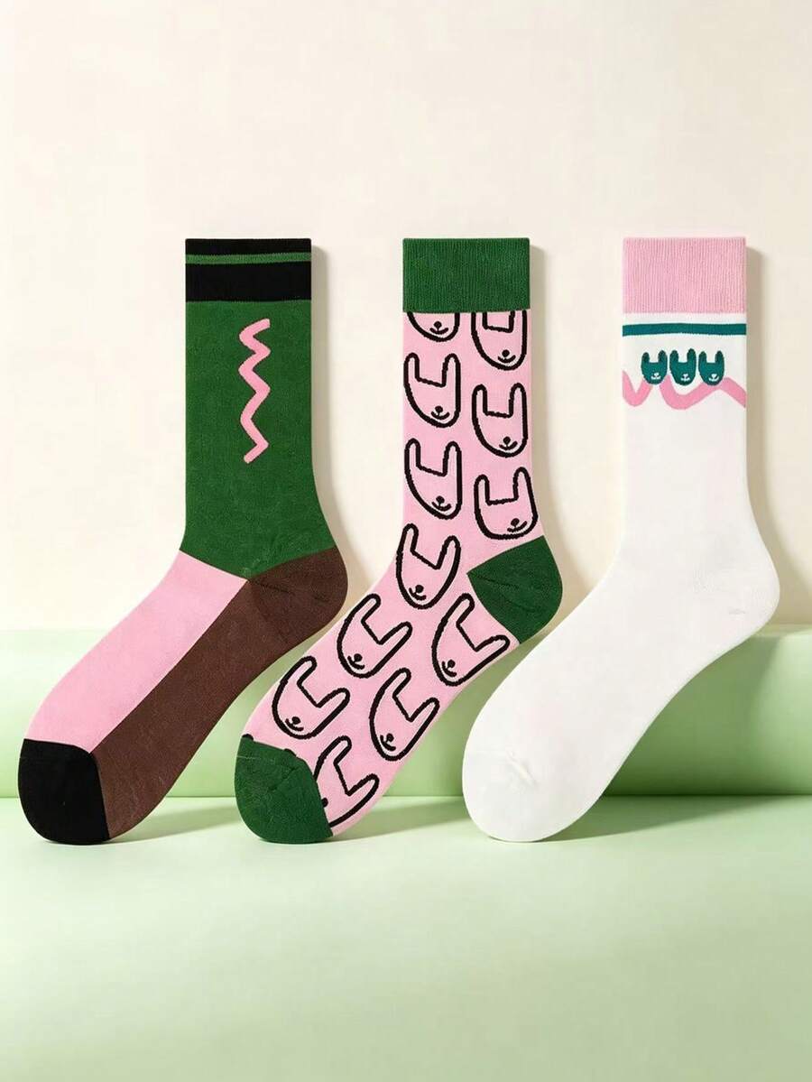 3 Pairs Pink & Green Colorblock Mid-Calf Socks For Women, Abstract Cartoon Rabbit Slouch Socks, Ins Style - Multicolor - View 1