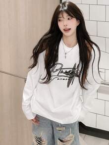 Women's Fashion Loose Fit Versatile Letter Print Pattern Long Sleeve T-Shirt, Autumn/Winter Casual White - White - View 3