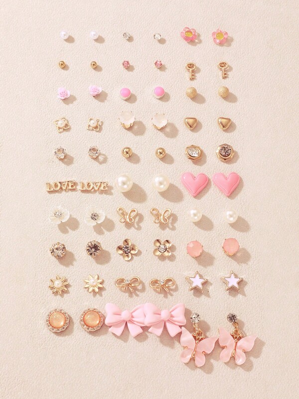 30 Pairs/Set Girls Sweet Style Stud Earrings Set, Pink Tone Heart, Bow, Flower, Pearl, Rhinestone Combination Earrings, Daily Jewelry For Young Girls