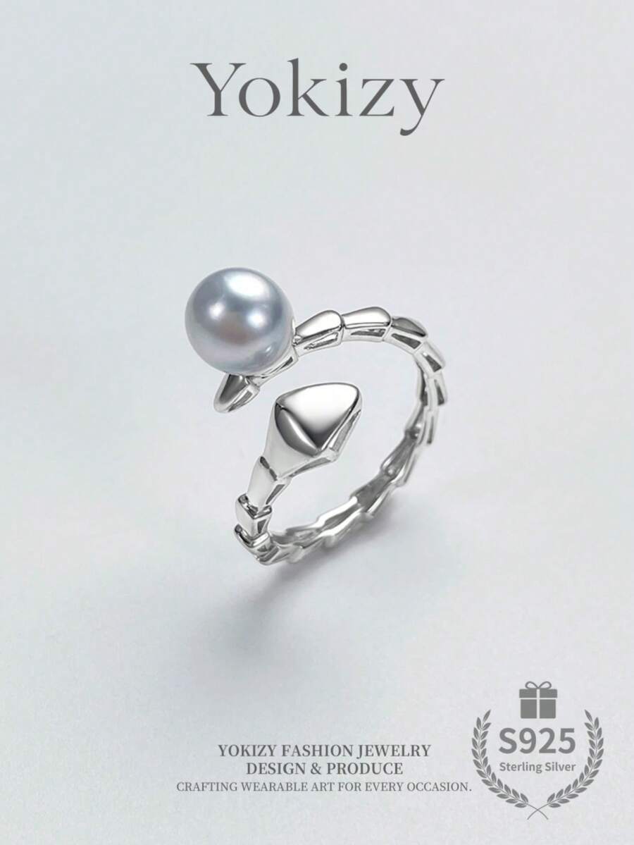 Yokizy Akoya Pearl Ring S925 Silver 7-8mm Round Strong Luster Snake Open Design Luxury Women's Ring