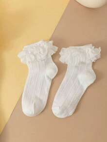 1 Pair Solid Color Cute Pleated Ruffle/Frill Ankle Socks, Versatile & Adorable For Everyday Wear At Home Christmas Gift - Multicolor - View 5