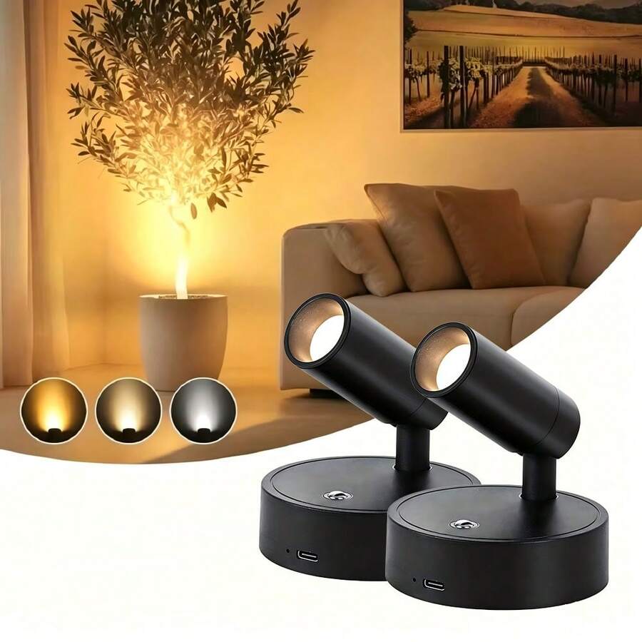 1pc Indoor Rechargeable Magnetic LED Spotlight, USB Charging, 3-Color Dimmable, 350° Rotatable, Battery Powered Wall Lamp, Suitable For Bedroom, Bedside, Artwork, Painting, Potted Plant, Photo Lighting - Multicolor - View 1