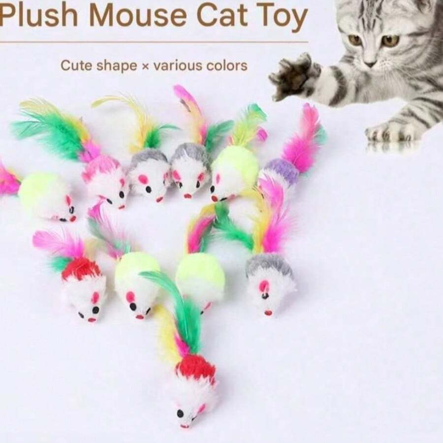 5/10/15/20pcs Plush Mouse Cat Toys, Helps Dental Health, Interactive Indoor Play And Teeth Cleaning, Random Colors, Small Mouse Without Cage - Multiple Styles - View 1