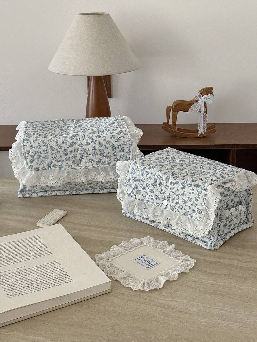 Cream White Base Blue Floral Quilted Storage Basket, Available In Multiple Sizes, Lace Ruffle Flap Design, Fabric Organizer Bin For Vanity Cosmetics - View 1