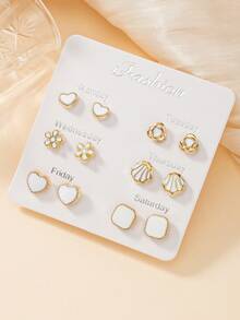 6 Pairs Minimalist Fashion Women's Stud Earrings Set, Floral Heart Square Shell Unique Designs, Casual Daily Commute Wear Jewelry Gift - White - View 1