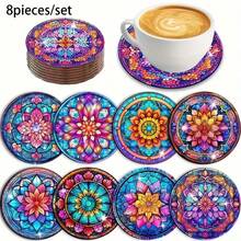 8pcs/Set Mandala Pattern Diamond Painting Diy Coaster Ab Shaped Rhinestones With Cup Holder - Multicolor - View 8