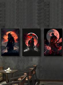 3-Piece Set Mysterious Warrior Wall Art, Red Moon And Mountain Background, Optional Frame - A - View 2