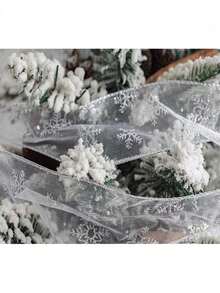 1PC Gold Foil Snow Tulle With Wired Edge Snowflake Organza Christmas Decorative Ribbon With Silver Glitter Bow Material - Multicolor - View 9