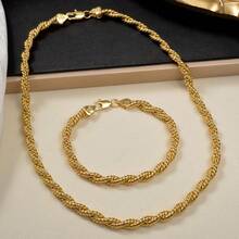 2pcs/Set Vintage 14K Gold Plated Copper Multi-Strand Twisted Rope Gold Necklace & Bracelet Jewelry Set, For Women Daily & Party Wear - Gold - View 3