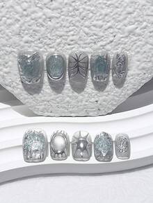 10片灰色綠色不對稱金屬蝴蝶短款貓眼假指甲，可拆卸可重複使用美甲用品（含1片果凍貼 + 1片指甲锉） - 綠色 - 查看 2