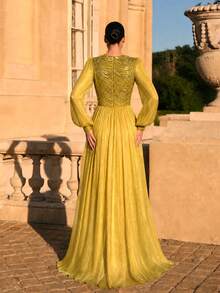 UNITHORSE [Random Cut]Round Neck Lantern Sleeve Cinched Waist Sequin Patchwork Faux Evening Dress - Yellow - View 4