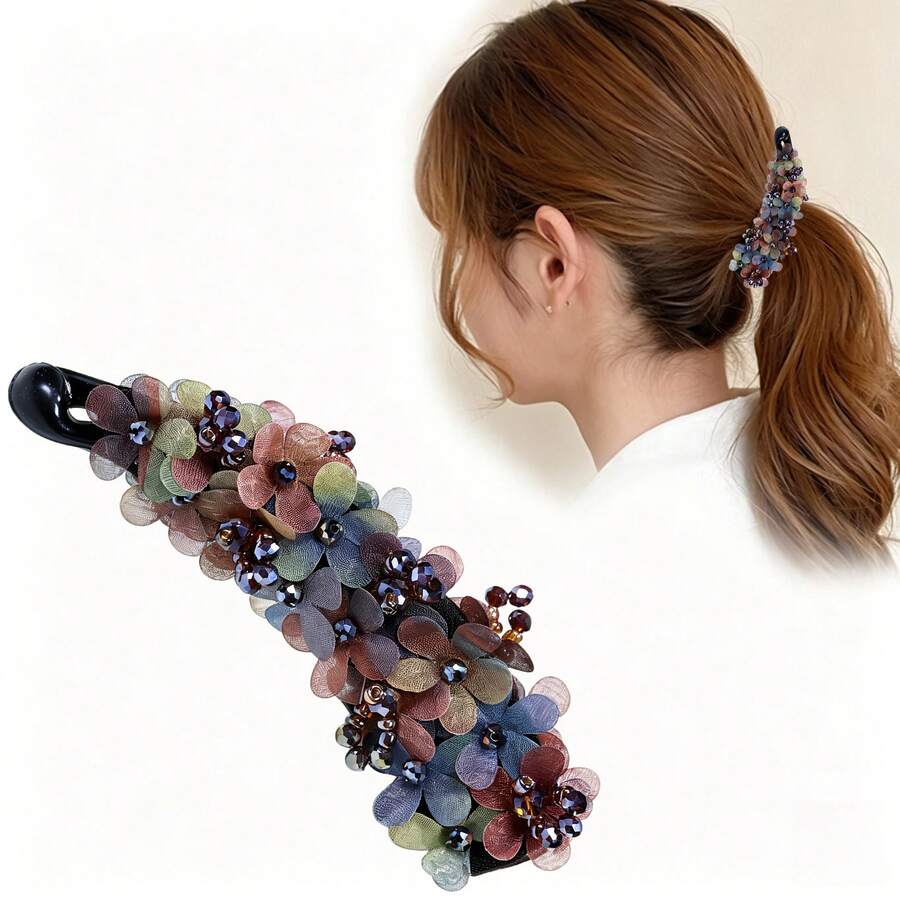 Colorful Floral Vertical Hair Clip Large Banana Clip Ponytail Clip Fabric Handmade Silk Chiffon Twist Clip - Color - View 1