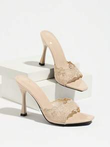 Women's High Heel Shoes Spring/Summer Night Party Commute Style Lace Embroidery Mule Square Toe Stiletto Heel Sexy Glamorous High-End Versatile Beige - Apricot - View 7