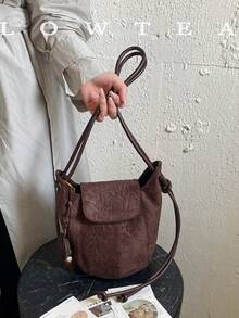 low tea 1pc Small Bucket Suede Fabric Shoulder Bag Suitable For Commuting, Shopping, Etc. (With Pendant) - Coffee - View 12