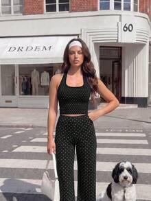 Women's 2 Pieces Set: Polka Dot Halter Top & Flare Pants, Slim Fit Y2K Style Casual Sports Outfit, Suitable For Girls - Black and White - View 9
