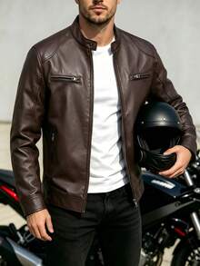 Men's Outdoor Faux Leather Jacket, Motorcycle Style, Vintage, Suitable For Motorcycle Riding, Outdoor Activities, Men's Leather Jacket Sports Autumn Style - Coffee Brown - View 2