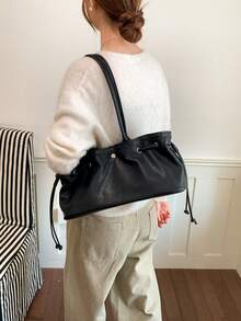 Black Soft Drawstring Shoulder Bag, Minimalist Ruched Slouchy, Large Capacity Commuter Underarm Bag For Women - Black - View 6