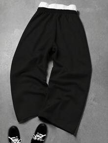 SU ER Double Waist Design Elastic Waist Drawstring Casual Pants For Men, Comfortable Fabric, Loose Fit, Drapey Lazy Wide Leg Pants - Black - View 5