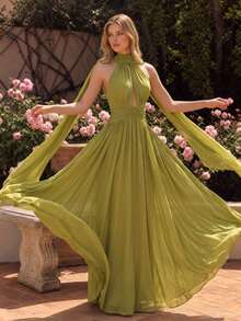UNITHORSE Elegant Women's Chiffon Maxi Dress, Sexy V-Neck Backless Evening Gown - lemon Green - View 2