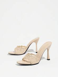 Women's High Heel Shoes Spring/Summer Night Party Commute Style Lace Embroidery Mule Square Toe Stiletto Heel Sexy Glamorous High-End Versatile Beige - Apricot - View 6