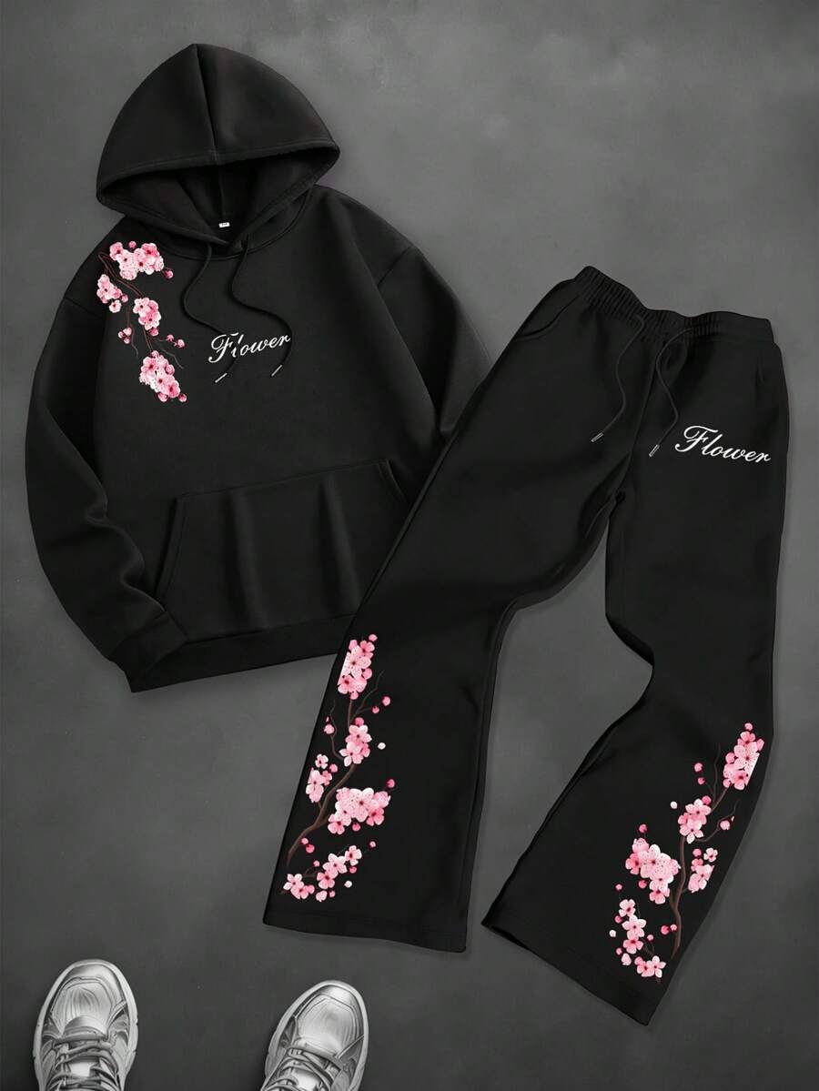 SU ER Men's Long Sleeve Drawstring Hoodie Sweatshirt And Loose Wide Leg Pants Set - Black - View 1