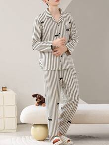 2pcs/Set Men's Pajamas Loungewear Set, Lapel Cardigan Cute Couple Style Long Sleeve Long Pants, Easy Care Fabric - Black and White - View 5