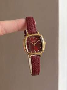 1pc Women's Red Oval Wristwatch, PU Leather Strap Vintage Elegant Quartz Watch, Rhinestone Decorated Roman Dial, Suitable For Commute, Date, Office, Casual Wear - Burgundy - View 15