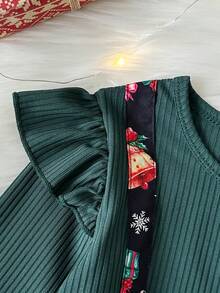 Young Girls Christmas Girls' Holiday Style Contrast Color Ruffle 2 In 1 Pinafore Dress, Autumn/Winter Long Sleeve Cute Bow Decor Round Neck Christmas Tree Santa Claus Gift Box Bow Candy Cane Bell Print A-Line Dress - Dark Green - View 7